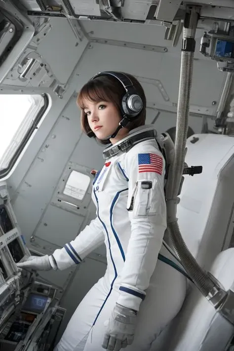 "A woman in a full astronaut suit in a space station module, her pose weightless and awe-inspired. Her makeup is non-existent, and her hair is compacted under the space helmet."