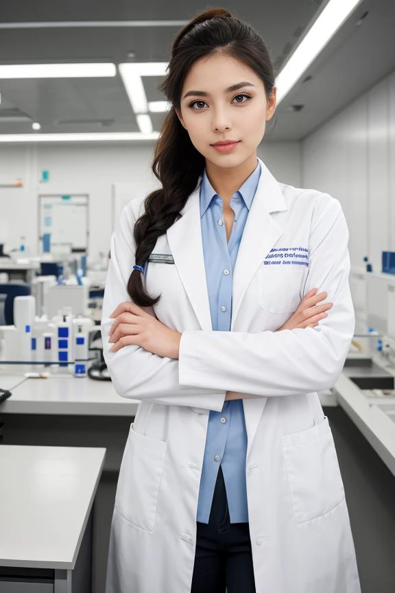 "A woman in a professional lab coat in a high-tech laboratory, her pose intelligent and inquisitive. Her makeup is understated and professional, and her hair is tied back neatly."