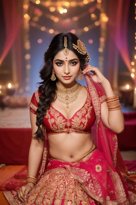 "A woman in a traditional Indian lehenga at a Diwali festival, her pose elegant and celebratory. Her makeup is vibrant, with kohl-lined eyes, and her hair is styled in a lavish braid adorned with flowers."