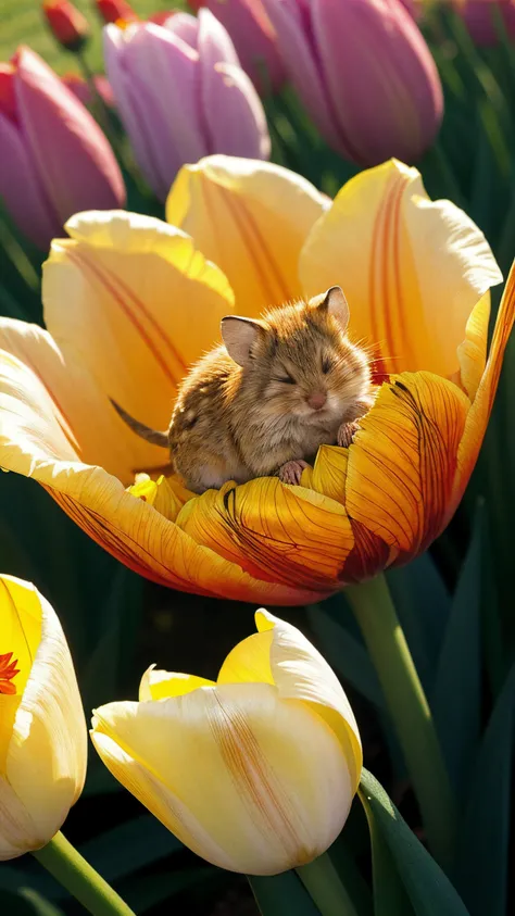 extreme closeup of a cute fluffy harvest mouse sleeping inside a tulip flower