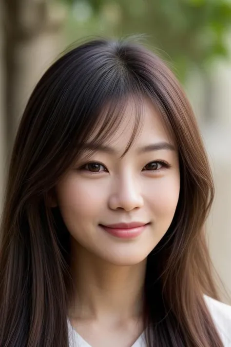 Portrait of Chin Hsieh with long brown flowing hair smiles, perfecteyes eyes, <lora:lora_perfecteyes_v1_from_v1_160:1>