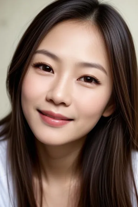 Portrait of Chin Hsieh with long brown flowing hair smiles, perfecteyes eyes, <lora:lora_perfecteyes_v1_from_v1_160:1>