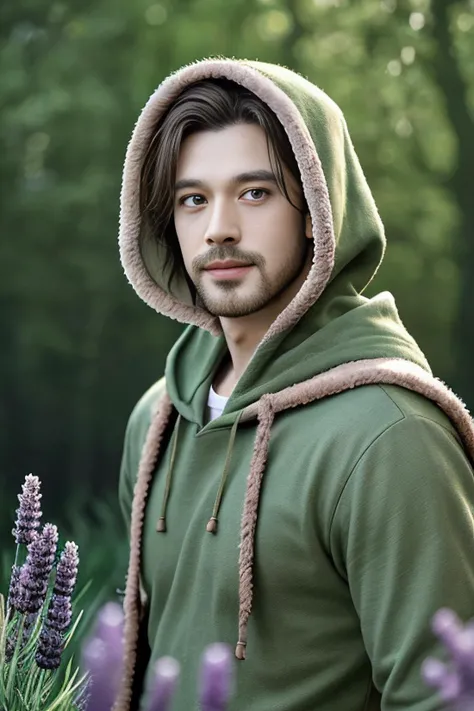best quality, masterpiece, (1man, muscular adult german male:1.2), pink eyes, light brown hair, buzz cut, (Style-SwampMagic:0.4), focus on character portrait, solo, upper body, looking at viewer, detailed background, detailed face, (<lora:YinYangTech:0.6>, yang, yinyangtech theme:1.1), joyful expression, forest druid, wearing natural colored green clothes, hood, fur-lined, dynamic pose, healing magic, inscriptions, leaves in the air, roots, branches, stones, glowing light green flowers, lavenders, plants, warm light, bloom, clearing in background, natural uplifting atmosphere, earth tones,
