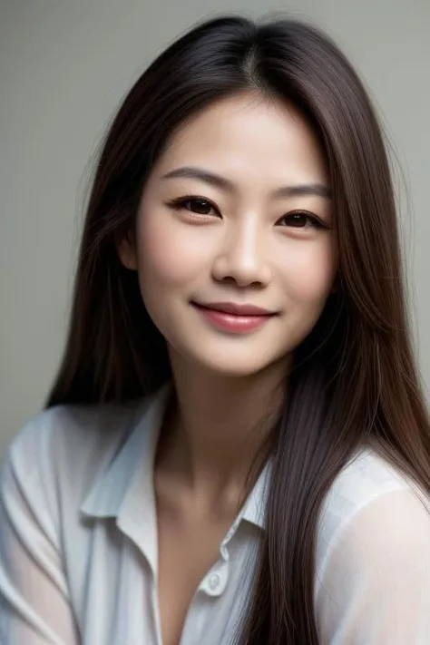 Portrait of Chin Hsieh with long brown flowing hair smiles, perfecteyes eyes, <lora:lora_perfecteyes_v1_from_v1_160:1>