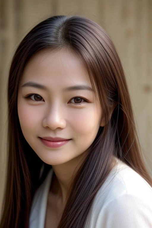 Portrait of Chin Hsieh with long brown flowing hair smiles, perfecteyes eyes, <lora:lora_perfecteyes_v1_from_v1_160:1>