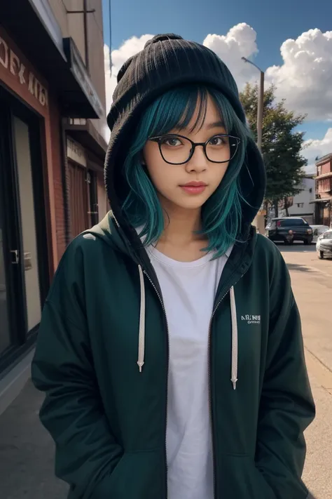 akanekurokawa, 
akane kurokawa, bangs, (green eyes:1.3), blue hair, medium hair, dark blue hair,
BREAK long sleeves, hat, jacket, glasses, hood, black jacket, black headwear, hoodie, hood down, red-framed eyewear, beanie,
BREAK outdoors, city, sun, sky, clouds,
BREAK looking at viewer, (cowboy shot:1.5),
BREAK , (masterpiece:1.2), best quality, high resolution, unity 8k wallpaper, (illustration:0.8), (beautiful detailed eyes:1.6), extremely detailed face, perfect lighting, extremely detailed CG, (perfect hands, perfect anatomy),
<lora:NOISEOFFSET_BY_STABLE_YOGI:0.8> dark
<lora:DETAIL_SLIDER_BY_STABLE_YOGI:0.8>