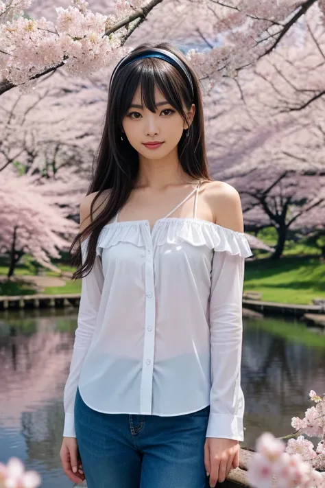 NSFW,highest quality,excellent details,ultra high resolution,Beautiful woman,girl,smile,open your mouth,on the rowing board,lake,japanese castle,moat,cherry blossoms,,Transparent white off-shoulder shirt,I can see the nipples,chest pocket,pink skirt,squat in a boat,Full view of pussy,The crotch looks beautiful,small pussy