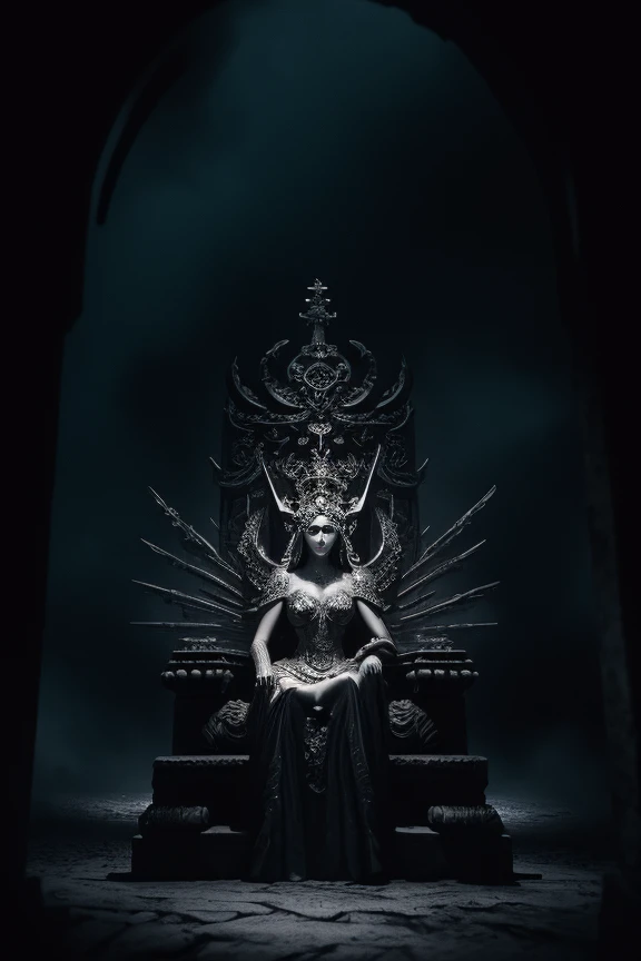 woodfigurez, In an ancient ruins setting, a wooden sculpture of a queen, petrified while seated on her regal throne, surrounded by fallen monsters, engulfed in a swirling vortex of dark particles. The sculpture exudes a mystical and haunting allure, with a commanding gaze fixed forward. The throne is intricately detailed, suggestive of lost civilizations. The atmosphere is sinister and ethereal, with dramatic high-contrast lighting casting deep shadows. Art style influenced by H.R. Giger and Yoshitaka Amano, rendered in 3D, capturing a cinematic dark fantasy theme.,
<lora:NOISEOFFSET_BY_STABLE_YOGI:0.8> dark
<lora:DETAIL_SLIDER_BY_STABLE_YOGI:0.8>