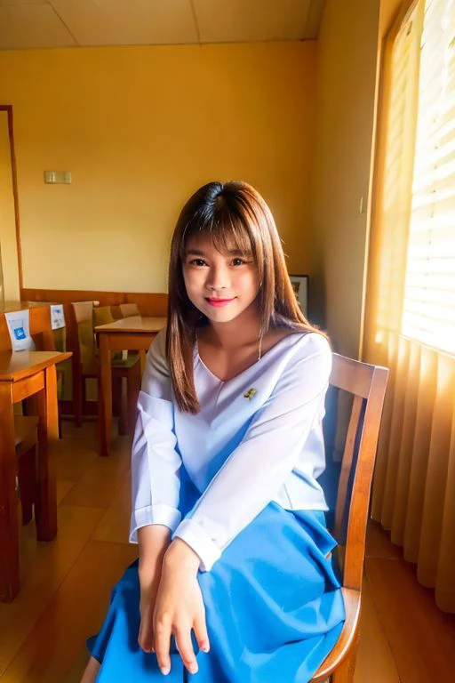 (masterpiece), (high quality:1.4, best quality:1.4, realistic:1.5), classroom, 1girl, very long hair, white dress, blue skirt, sitting