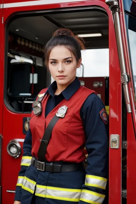 "A woman in a firefighter uniform in front of a fire truck, her pose heroic and determined. Her makeup is minimal and practical, and her hair is pulled back under her helmet."