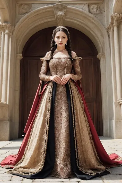 "A woman in a regal Renaissance gown in a historic castle courtyard, her pose dignified and poised. Her makeup is period-accurate, and her hair is intricately braided and adorned with pearls."