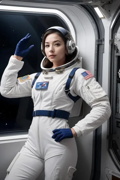 "A woman in a full astronaut suit in a space station module, her pose weightless and awe-inspired. Her makeup is non-existent, and her hair is compacted under the space helmet."