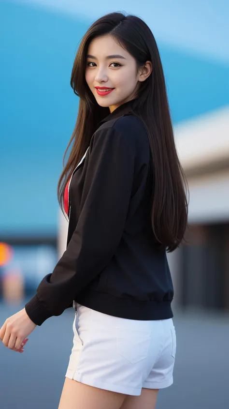 A photo of a beautiful cute young girl, looking at the viewer with smile. long hair, red lips, wearing a black jacket, white shorts, flirting with the camera, standing, back pov