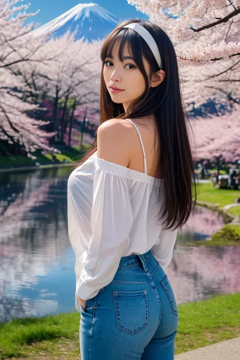 (masterpiece, best quality, high quality, highres, ultra-detailed:1.2), 1girl,
standing, arms behind back, cowboy shot, looking at viewer, solo, solo focus,
eris_greyrat, long hair, ahoge, hair between eyes, very long hair, hairband, black hairband, bare shoulders, shirt, long sleeves, thick eyebrows, white shirt, crossed bangs, pants,
lake reflection in the background, blossoming cherry blossom tree in the foreground, mount fuji landscape,
<lora:NOISEOFFSET_BY_STABLE_YOGI:0.8> dark
<lora:DETAIL_SLIDER_BY_STABLE_YOGI:0.8>