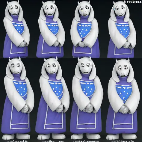 horns, white sleeves, purple dress, white fur, floppy ears, 3d, goat, pixar, toriel