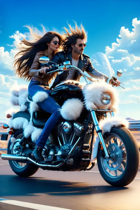 ral-fluff,<lora:ral-fluff:1>,<lora:SDXL_Sacred_beast:0.5>,
A man with a woman riding a motorcycle on the highway,long hair flying,