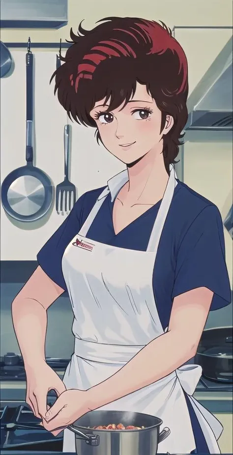 Kaori, 1girl, solo, upper body, kitchen, cooking, looking at viewer, smile, apron, perfect quality, good quality, masterpiece, HDR, UHD <lora:Kaori:0.8>