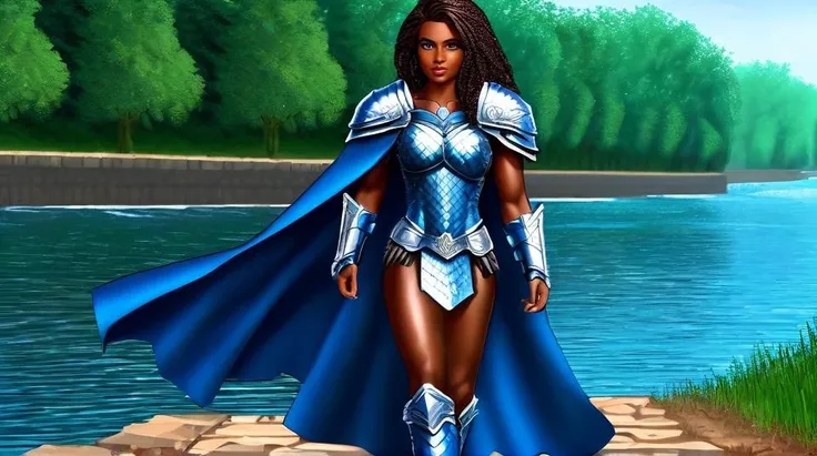 gorgeous black woman,
large blue eyes, beautiful eyes,
beautiful face, chiseled jaw,
dark skin, muscular body, whole body visible, full body,
walking next to a river,
masterpiece, very detailed, high quality
<lora:w4rr10rg0wn:1> w4rr10rg0wn, cleavage,cape,armor,clothing cutout,shoulder armor,pauldrons,chainmail gown