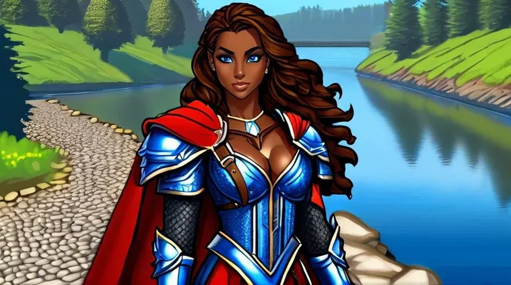 gorgeous black woman,
large blue eyes, beautiful eyes,
beautiful face, chiseled jaw,
dark skin, muscular body, whole body visible, full body,
walking next to a river,
masterpiece, very detailed, high quality
<lora:w4rr10rg0wn:1> w4rr10rg0wn, cleavage,cape,armor,clothing cutout,shoulder armor,pauldrons,chainmail gown