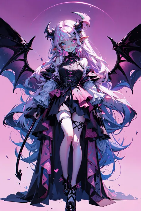((best quality, masterpiece, absurdres, super-resolution)), 1girl, Succubus, devil horns, devil wings, full body, White, Magenta, (pastel color), simple background <lora:CMYK-CORE_v1.0:0.7>