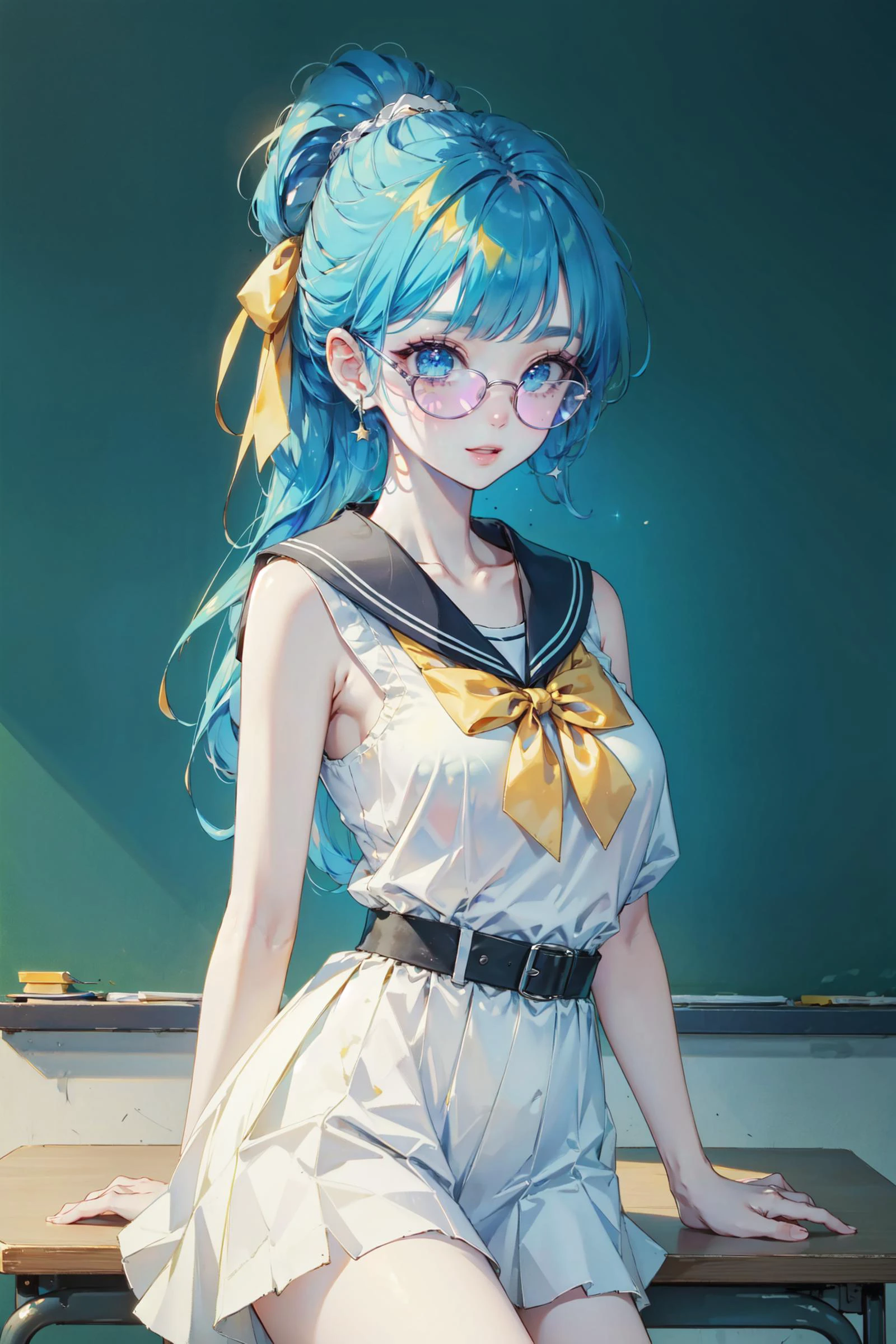 ((best quality, masterpiece, absurdres, super-resolution)), 1girl, classroom, chalkboard, sleeveless, sailor uniform, big yellow ribbon on chest, spectacle, high ponytail, Cyan, Black <lora:CMYK-CORE_v1.0:0.7>