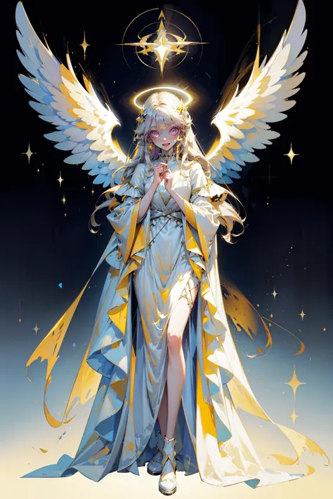 ((best quality, masterpiece, absurdres, super-resolution)), 1girl, Halo, angel, long gown, wings, full body, White, Yellow, simple background <lora:CMYK-CORE_v1.0:0.6>