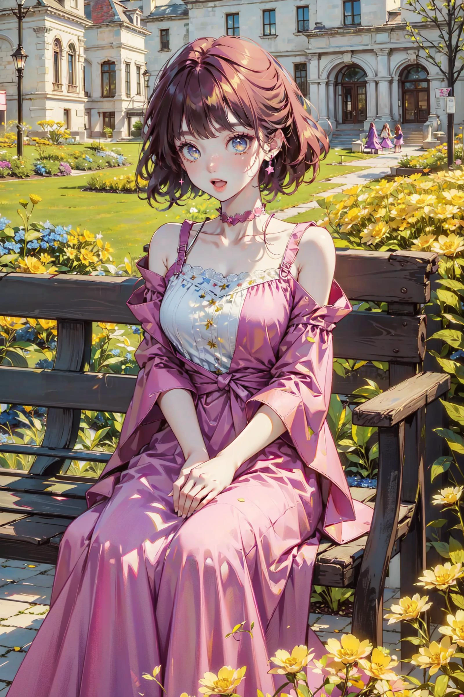 ((best quality, masterpiece, absurdres, super-resolution)), 1girl, magenta maxi dress, garden, on a bench, Yellow flowers, <lora:CMYK-CORE_v1.0:0.9>