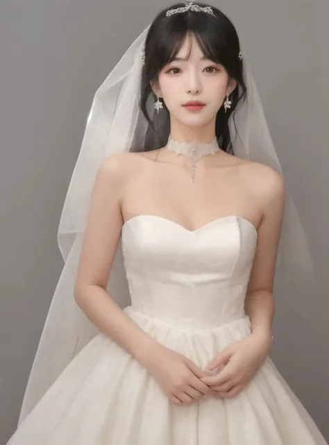 1girl, high quality,  looking at viewer,  grey background,small breasts,wedding dress, bridal veil, choker, lace trim, earrings, choker,hair ornament, 
<lora:mldz_v1-000008:0.68>