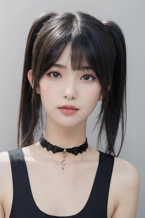 masterpiece, high quality,(photorealistic:1.3),perfect eyes,ultra realistic, real human skin,1girl, looking at viewer,  grey background,small breasts, camisole,  choker, lace trim, earrings, choker,hair ornament, nail polish, bracelet, ring, twintails, 
<lora:mldz_v1-000008:0.55>,