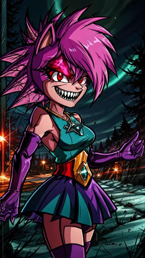 <lora:soniathehedgehog:0.8> sonia, purple hair, sonic \(series\), 1girl, pink hair, furry female, animal ears, furry, body fur, animal nose, two-tone fur, elbow gloves, pink fur, short hair, jewelry, BREAK, <lora:ExeHardcore:0.7> Exe, teeth, horror (theme:1.10), red eyes, smile, sharp teeth, glowing, dark, blood, tongue, grin, glowing eyes, evil smile, BREAK, DarkFantasy, masterpiece, best quality, extremely detailed, highly quality, 4k, sharp focus, professional, sharp focus, award winning, cinematic lighting, octane render, unreal engine, volumetrics dtx, Wallpaper,