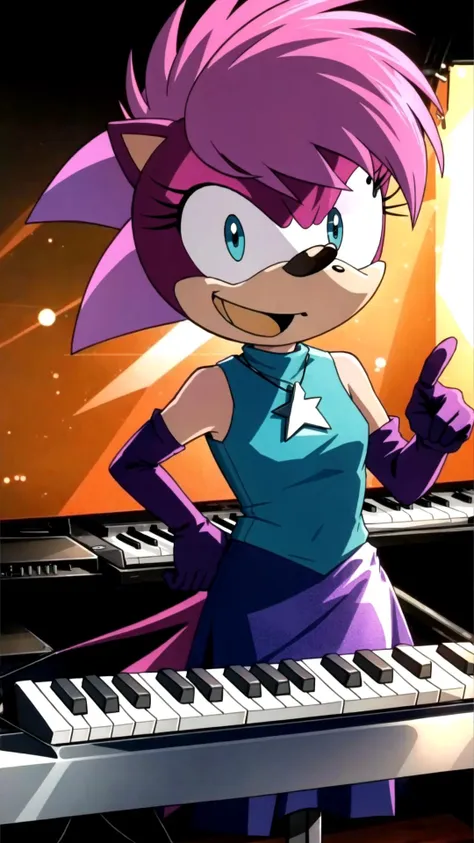 <lora:soniathehedgehog:0.7> sonia, sonic \(series\), purple hair, furry female, animal ears, furry, (body fur, animal nose, two-tone fur:1.15), elbow gloves, pink fur, short hair, BREAK, sleeveless, skirt, shirt, gloves, jewelry, necklace, BREAK, (cute, adorable:1.25), BREAK, (playing instrument, keyboard \(instrument\), :1.15), masterpiece, best quality, extremely detailed, highly quality, 4k, sharp focus, professional, sharp focus, award winning, cinematic lighting, octane render, unreal engine, volumetrics dtx, Wallpaper,