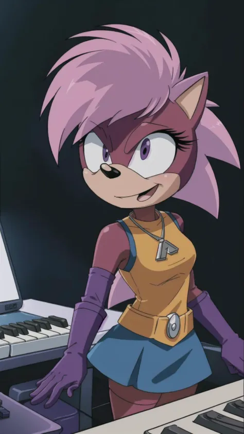 <lora:soniathehedgehog:0.7> sonia, sonic \(series\), purple hair, furry female, animal ears, furry, (body fur, animal nose, two-tone fur:1.15), elbow gloves, pink fur, short hair, BREAK, sleeveless, skirt, shirt, gloves, jewelry, necklace, BREAK, (cute, adorable:1.25), BREAK, (playing instrument, keyboard \(instrument\), :1.15), masterpiece, best quality, extremely detailed, highly quality, 4k, sharp focus, professional, sharp focus, award winning, cinematic lighting, octane render, unreal engine, volumetrics dtx, Wallpaper,