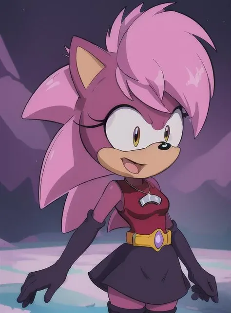 best quality, (masterpiece),(ultra-detailed), (high quality), (high resolution), <lora:soniathehedgehog:0.7> sonia, sonic \(series\), 1girl, pink hair, furry female, animal ears, furry, body fur, animal nose, two-tone fur, elbow gloves, pink fur, short hair, flat color, red shirt,black skirt, purple hair, furry, necklace, belt,happy,
