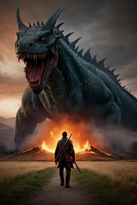 Climactic scene, a samurai with his katana standing in a field facing a distant giant dragon creature with a demonic face, glowing eyes, two outstretched wings, scaled muscular arms sharp claws, ready to start fight, intense scene, fire and air flows, 8k ultrafine detail, attack on titan style, masterpiece, cinematic,(size difference),