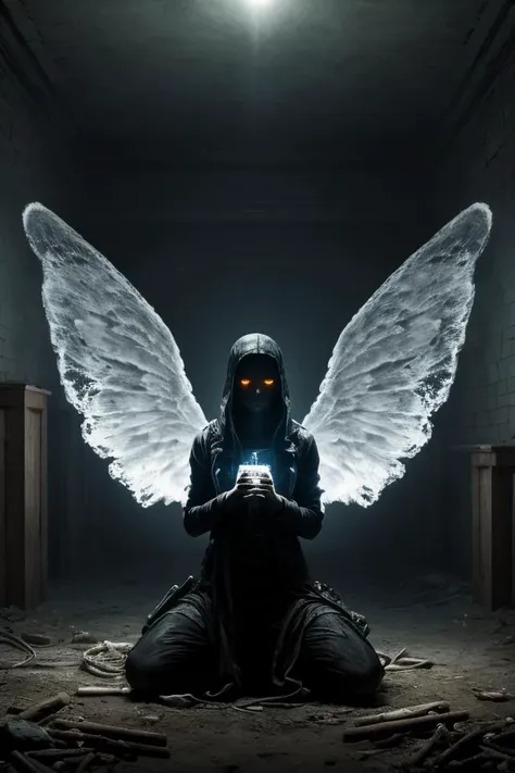 Dystopian style translucent ectoplasm angel with blue glowing ectoplasm wings kneeling in dungeon amongst treasure, glowing eyes, volumetric light, misty, glowing ectoplasm wings, adult . Bleak, post-apocalyptic, somber, dramatic, highly detailed