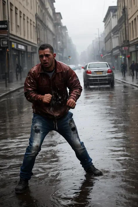 Epic composition, dynamic pose, (masterpiece, best quality), 2boy, 30 year old, chav, rough, dirty, mean, bully, druggie, two boys fist fighting, blood splatter, (streets), rain splashing raindrops puddles, realistic, dramatic lighting, atmospheric, intricate detail, Photorealistic, hyperdetailed, life-like, sharp focus, ((detailed realistic skin, life-like detailed realistic face)),
