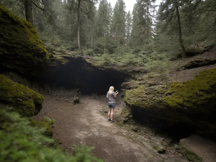 a blonde woman is standing in the (foreground:1.1), taking a photo of the scenery: a poorly lit photo of the chasm in the woods outside of town, intricate details, HDR, masterpiece, 4k, 8k