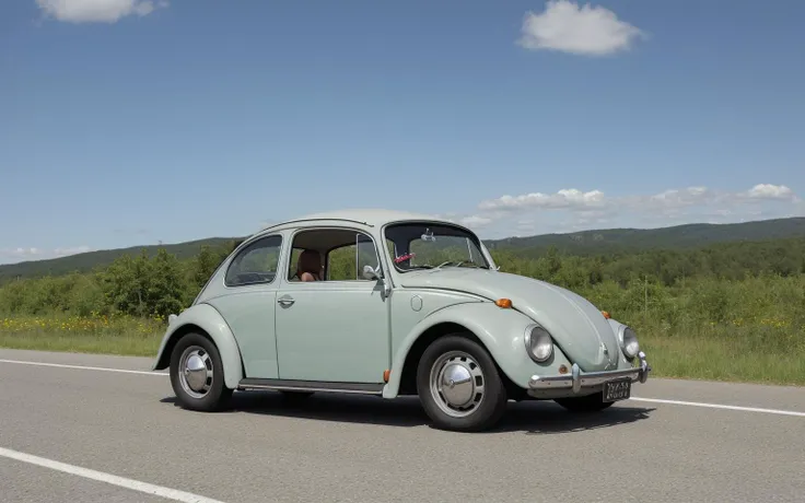 A perfect photo of a 1960 vw beetle driving on the highway, speeding, HDR, intricate details