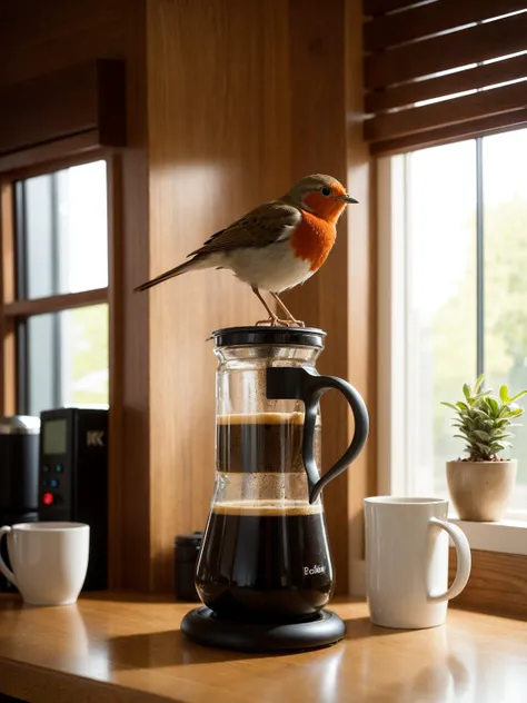 a (small bird:1.1) (robin:1.0) working on the coffee maker in the morning in the kitchen, masterpiece, best quality, high quality, extremely detailed cg unity 8k wallpaper, scenery, award winning photography, hdr, trending on artstation, trending on cgsociety, intricate, high detail, detailed robin