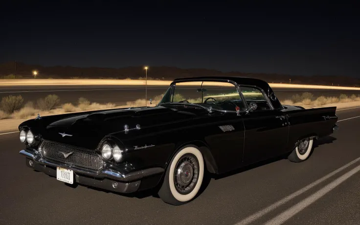 A perfect photo of a black 1960 ford thunderbird driving on the highway, speeding, HDR, intricate details, desert, night, car lights