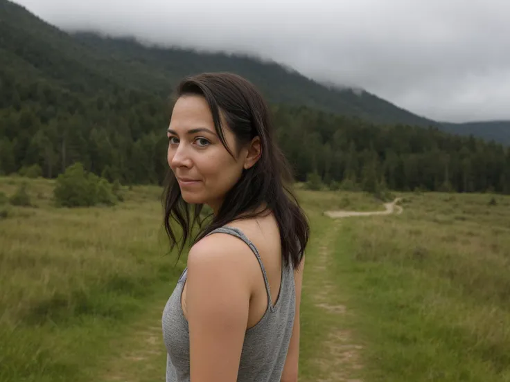 a perfect closeup photo of a kinda (stressed:0.4) normal woman looking back at me over her shoulder, (walking on the trail:0.6), overcast