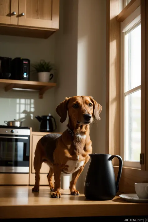 a dachshund working on the coffee maker in the morning in the kitchen, masterpiece, best quality, high quality, extremely detailed cg unity 8k wallpaper, scenery, award winning photography, hdr, trending on artstation, trending on cgsociety, intricate, high detail, art by midjourney