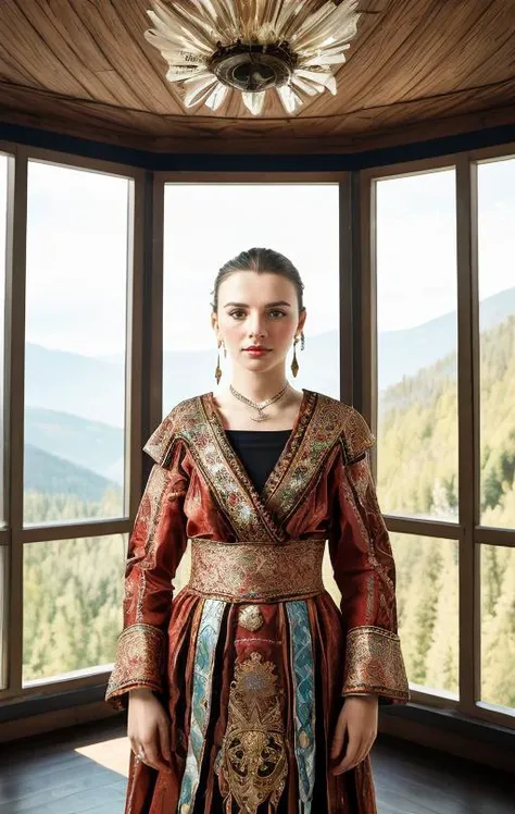 Close up portrait of 27 yo Albanian Royal woman in ceremonial Slavic dress, standing inside glass living room of modern esoteric glass house located in the Tatra mountains, ouside is vibrant colorful sunset, National Geographic style featuring photographer Annie Leibovitz  <lora:add_brightness:.5> <lora:DepthOfFieldSliders:-1>