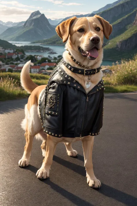 a funny photo of a dog (Labrador:1.0) dressed with a (Black leather jacket studded:1.3), detailed jacket, masterpiece, best quality, high quality, extremely detailed cg unity 8k wallpaper, scenery, award winning photography, hdr, trending on artstation, trending on cgsociety, intricate, high detail, detailed Labrador, fantasy scene, surreal, cozy fur, realistic Labrador,
