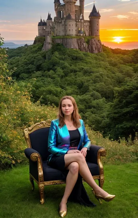 [Advanced time travel camera] photo of a [27 yo Scottish queen], [medieval Scottish highlands], [gold throne], [royal pose], [most beautiful holographic castle], [forest hills ocean background sunset], [swet afternoon lighting], [super sharp polished glass lens], [bellows camera], in the style of [AnnieLeibovitz]