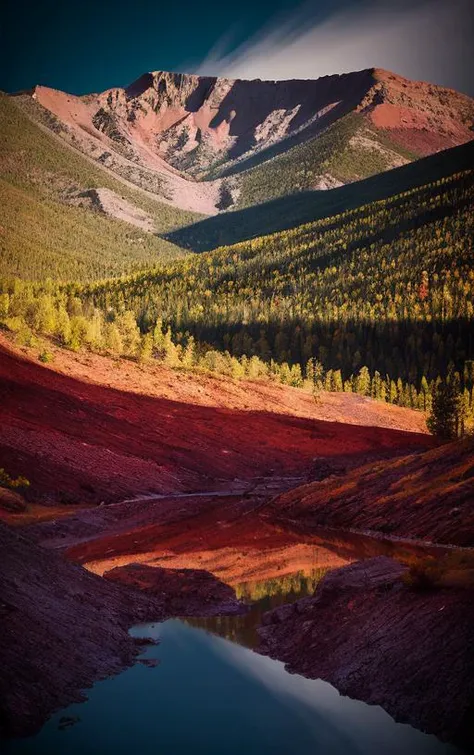 ground level photo within New Mexico Rocky Mountain Range, State Park, [perfect PM lighting conditions, with lots of reds orange yellow purples in the dusk sky] with a feeling of splendor and humility [after long hard rain with flowing water][spectacular large asteroid breaking into many pieces on reentry] [long exposure on wide format bellows camera] [rays of sunshine]  true film high dynamic range with infrared, award winning, legacy artwork, 8k [post-processing: adjust curves to "S", unsharp mask .25, dodge and burn, edge vignette]