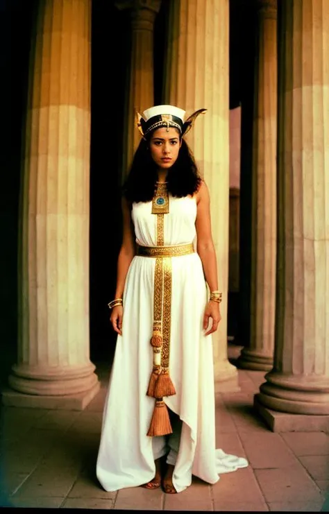 [Celebrity] photo of a [Druid high priestess in costume and headdress], [27 yo tall beautiful woman], [entering a ceremony], [elite woman], [Egyptian Temple of Isis], [movie lighting], [dramatic camera angle], [medium format bellows camera], in the style of [Jerry Bruckheimer][post-processing: oversharpen, expert dodge and burn, ISO 400 color film noise, corner darken vignette]