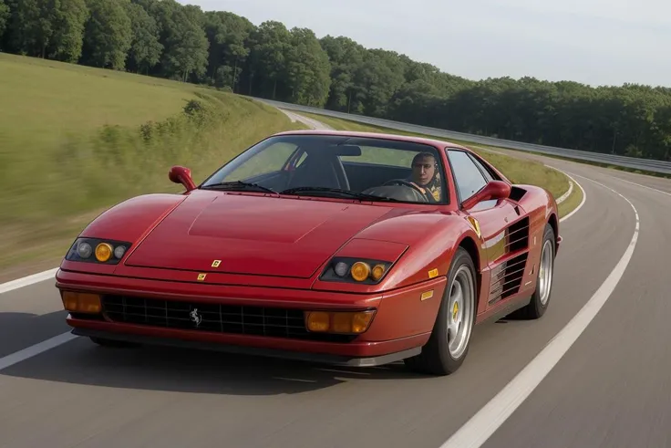 A perfect photo of a ferrari testarossa driving on the highway