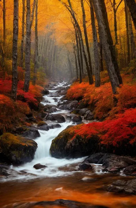 floor level photo within Canadian Mountain Range, National Park, during the last week of September at the height of fall colors [reds, yellows] cold air after heavy rainfall [rushing waters] [perfect AM lighting conditions] with a feeling of splendor and humility [long exposure on wide format bellows camera] [rays of sunshine on the forest floor] [ferns mushrooms and trees in foreground] with true film high dynamic range [post enhancements: bold emotional mid-level contrast, over-sharpened, edge vignette] award winning image, legacy artwork, 8k