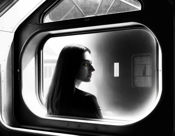 three cornered window, back of head shot of (woman looking out of triangle window:1.1), 3rd person, Looking out the triangular window of a (train:1.1) with triangular windows, triangular windows and triangular, wheels, in a fantasy world,
psychedelic, geometric, vivid light, high contrast, triadic colors, dark shadows, explosions, nuclear mushroom cloud, nuclear explosion, dystopian nightmare,
(beautiful composition),
21 yo woman,